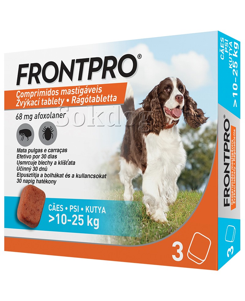 FRONTPRO 68mg rágótabletta kutyáknak 10-25kg, bolha, kullancs ellen (3 tabletta) Szavi: 2025.03.