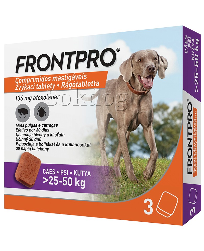 FRONTPRO 136mg rágótabletta kutyáknak 25-50kg, bolha, kullancs ellen (3 tabletta) Szavi: 2025.03.