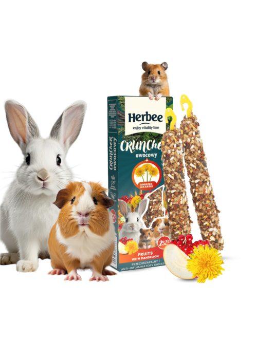 HERBEE CRUNCHER Rúd Rágcsálóknak és Nyulaknak, 115g 2in1, Gyümölcs és Gyermekláncfű (HEC0004)