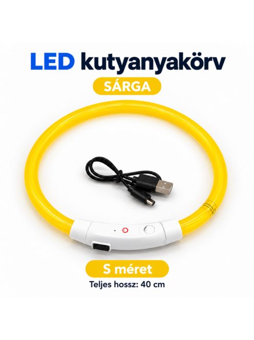 LED fényvezető szálas világító kutyanyakörv, méretre vágható –  S, Sárga, (40cm)