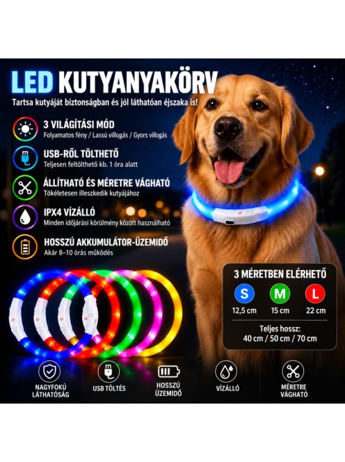 LED fényvezető szálas világító kutyanyakörv, méretre vágható –  S, Sárga, (40cm)