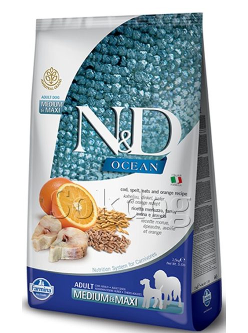 N&D Ocean Adult Medium & Maxi tőkehal, tönköly, zab & narancs 12kg