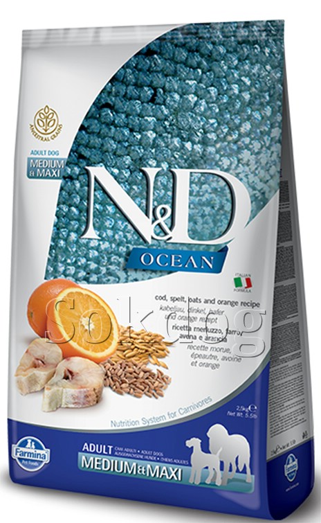 N&D Ocean Adult Medium & Maxi tőkehal, tönköly, zab & narancs 2,5kg