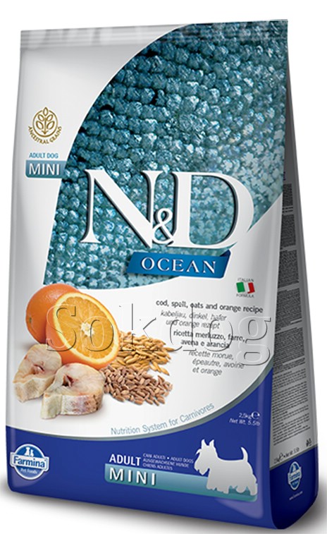 N&D Ocean Adult Mini tőkehal, tönköly, zab & narancs 2,5kg